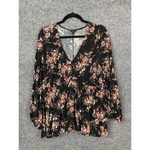 Torrid Blouse Size 3 Black Orange Floral Print Boho V-Neck Long-Sleeve